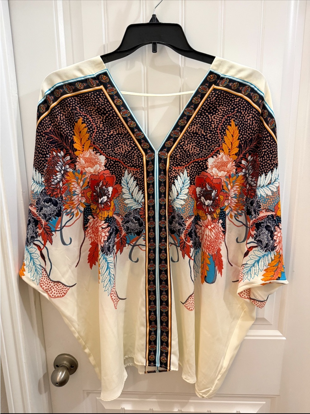 Rose & Olive Cream Boho Floral V-Neck Tunic with Multicolor Print. 2x artsy boho